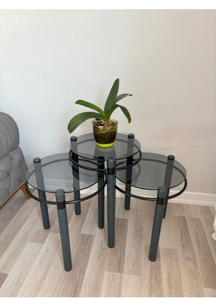 Yonca Zigon Sehpa Ahşap ve Metal Füme Cam Antrasit Gri modelleri