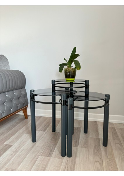 Yonca Zigon Sehpa Ahşap ve Metal Füme Cam Antrasit Gri fırsatları