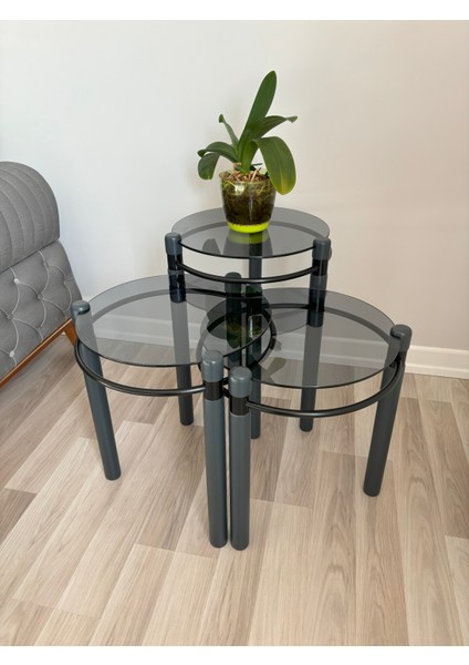 Yonca Zigon Sehpa Ahşap ve Metal Füme Cam Antrasit Gri indirimleri