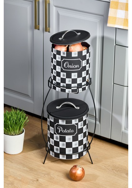 2 Katlı Kulplu Patates Soğanlık Metal Patates Soğan Kovası Sebzelik Sepeti Dama Desenli