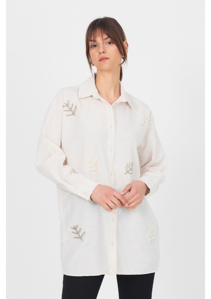 Natural Yaprak Desenli Incili Gömlek 4660A