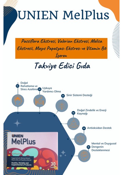 Melplus 30 Kapsül / Passiflora Ekstresi, Kedi Otu Ekstresi, Melisa Ekstresi, Mayıs Papatyası Ekstresi ve Vitamin B6 İçeren Takviye Edici Gıda