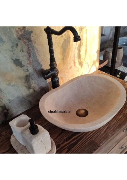 Klasik Traverten Tezgah Üstü Kayık Lavabo