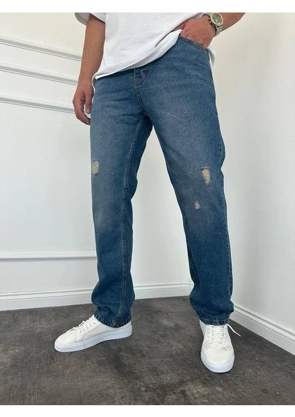 Yırtık Detay Koyu Mavi Baggy Jean