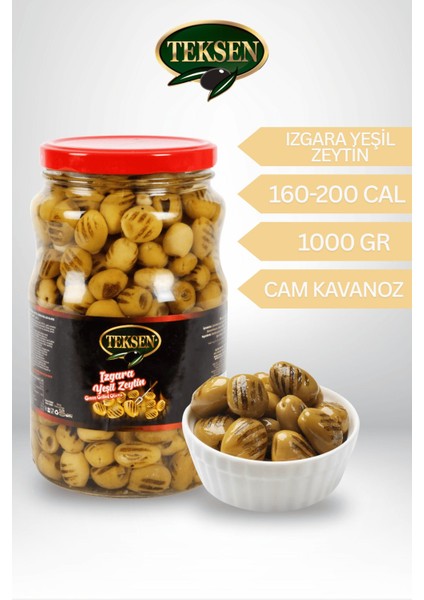 TEKSEN Izgara Yeşil Zeytin Cam Kavanoz-1000G