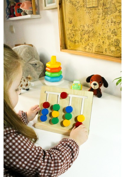 Ahşap Renkli Pullarla Kartlı Sıralama Oyunu -Eğitici Montessori Oyuncağı - Ahşap Oyuncak