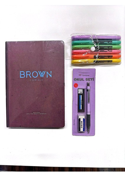 New Notes Iplik Dikişli Sert Kapak Brown Defter-Fosforlu Kalem (6 Ad.)-Okul Seti Versatil 0,7-Set 6