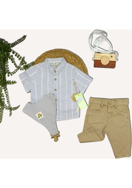 Emzik Tutuculu Önlük Gömlek Pantolon 3'lü Takım