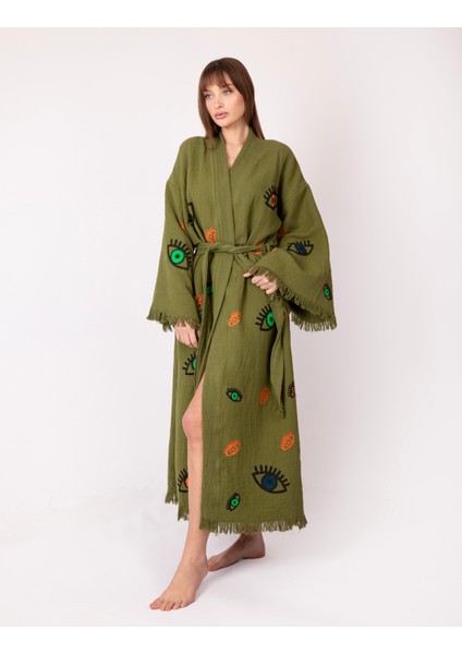 Bornoz ,plaj Kıyafeti,kimono , Kaftan ,sabahlık Haki Kumaş Nazar Göz Detaylı