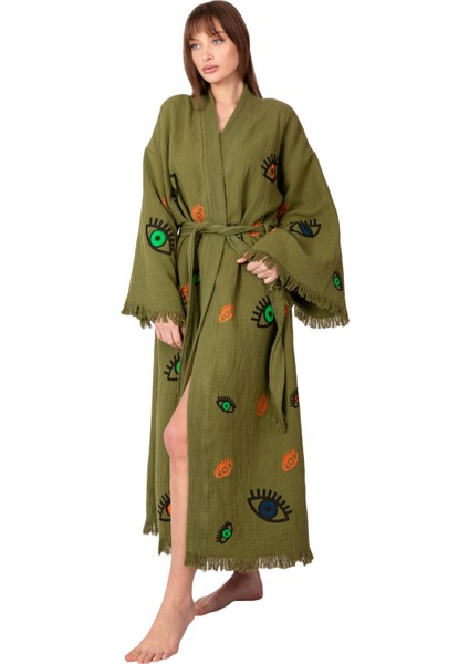 Bornoz ,plaj Kıyafeti,kimono , Kaftan ,sabahlık Haki Kumaş Nazar Göz Detaylı