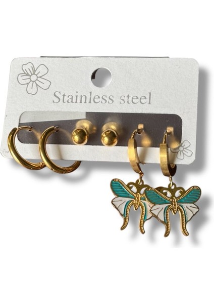 Mavi Kelebekli Sallantılı Üçlü Çelik Küpe