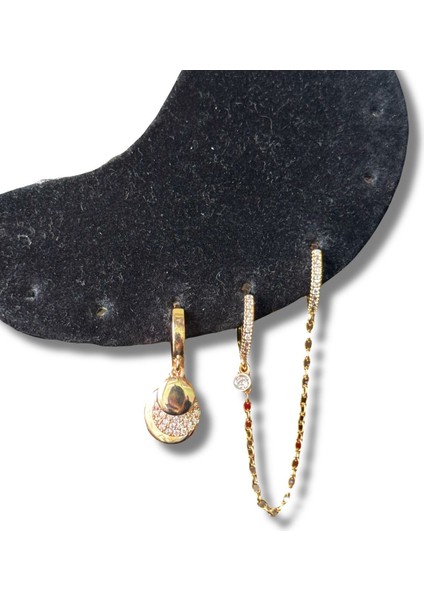 Yuvarlak Sallantılı Gri Taşlı Zincirli Çelik Küpe