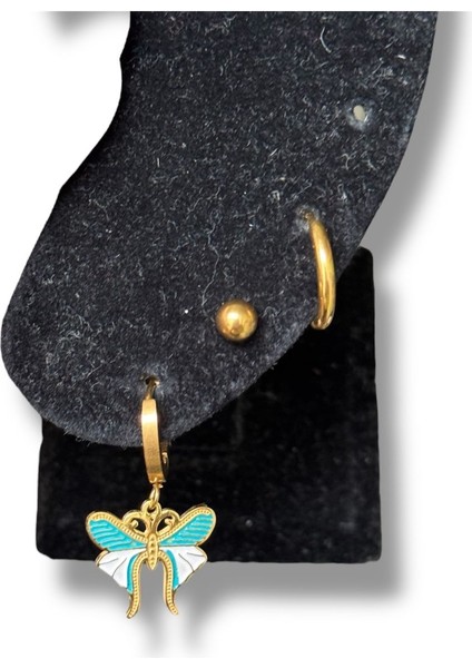 Mavi Kelebekli Sallantılı Üçlü Çelik Küpe fiyatları