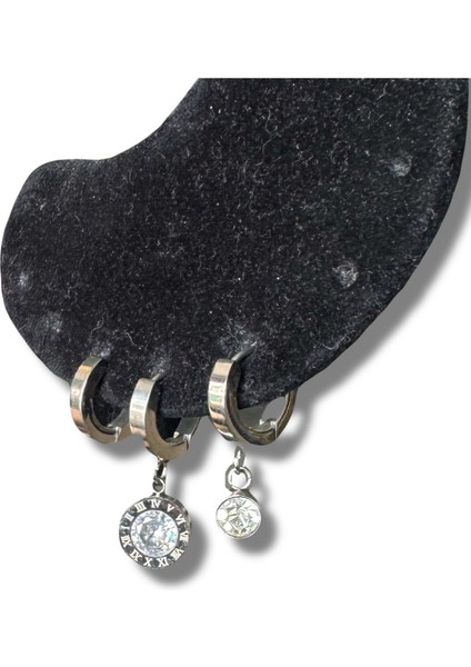 Üçlü Roma Rakamlı Yuvarlak Çelik Küpe