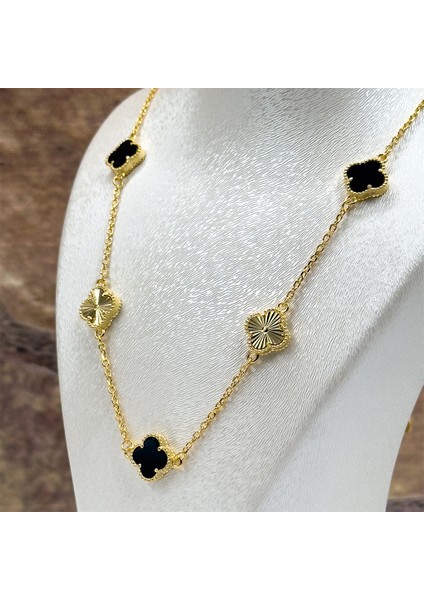 Onix Taşlı Sıralı Yonca Gümüş Kolye modelleri