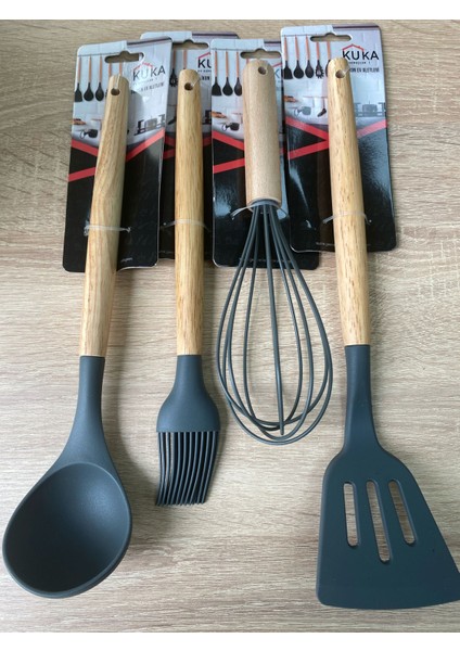 4'lü Silikon Set Bambu Saplı Spatula Çırpıcı Fırça ve Kepçe Antrasit Renk