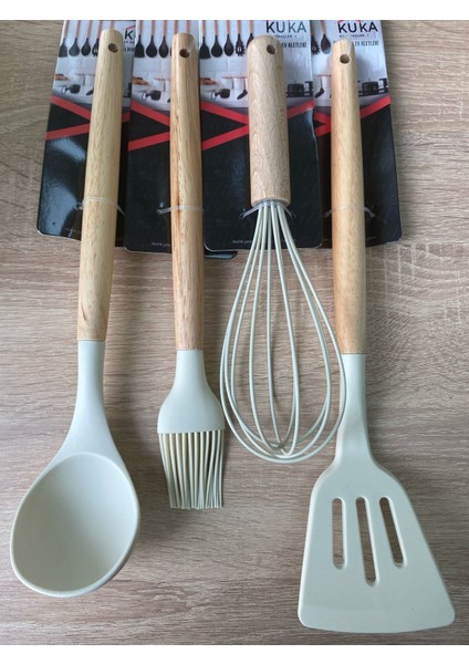 4'lü Silikon Set Bambu Saplı Spatula Çırpıcı Fırça ve Kepçe Yeşil Renk