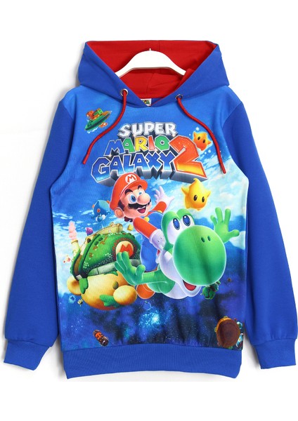 Super Mario 3D Baskılı Kışlık Mevsimlik Uzun Kollu Kapüşonlu Hoodie Sweatshirt Mavi 001-0002048
