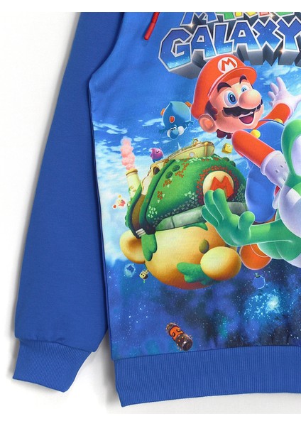 Super Mario 3D Baskılı Kışlık Mevsimlik Uzun Kollu Kapüşonlu Hoodie Sweatshirt Mavi 001-0002048