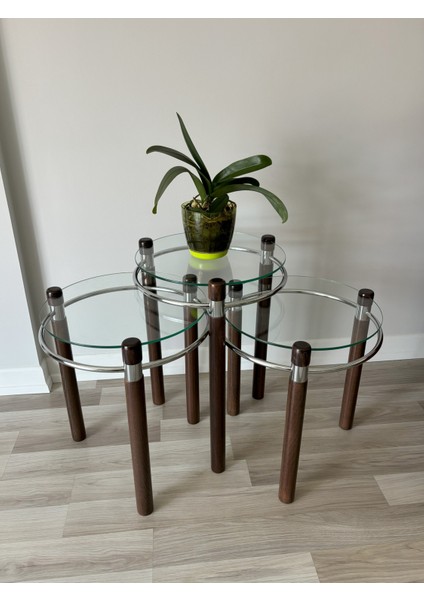 Yonca Zigon Sehpa Ahşap ve Metal Şeffaf Cam