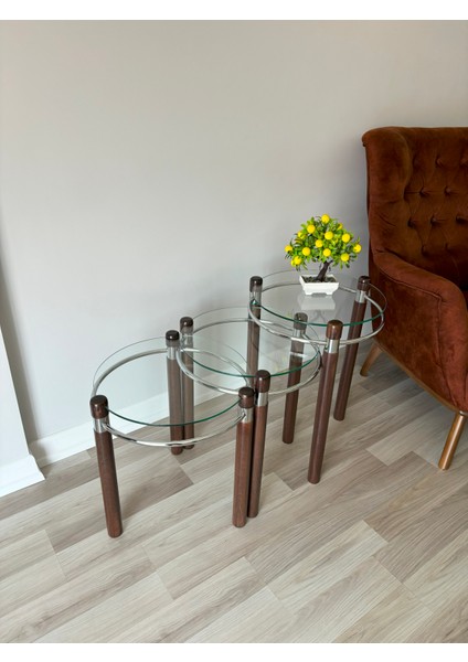 Yonca Zigon Sehpa Ahşap ve Metal Şeffaf Cam indirimleri