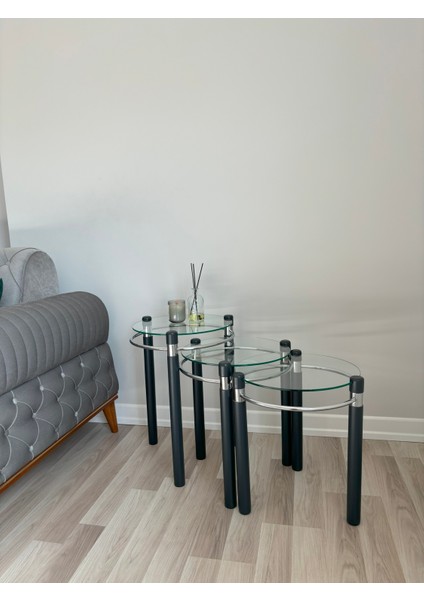 Yonca Zigon Sehpa Ahşap ve Metal Şeffaf Cam Antrasit Gri