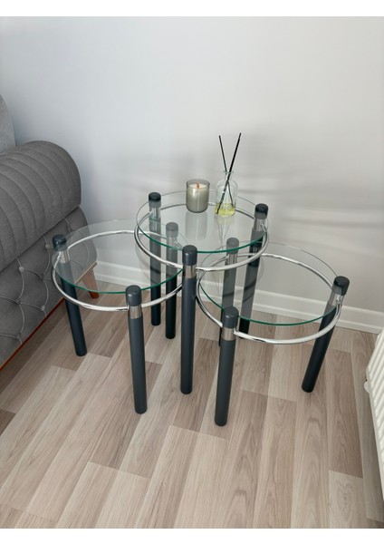 Yonca Zigon Sehpa Ahşap ve Metal Şeffaf Cam Antrasit Gri indirimleri