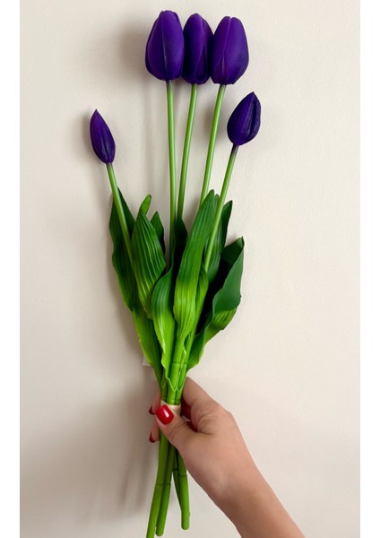 Yapay Çiçek Islak Lale Islak Dokulu Kaliteli 45 cm . 5 Dallı. ( 3 Çiçek 2 Tomurcuk)