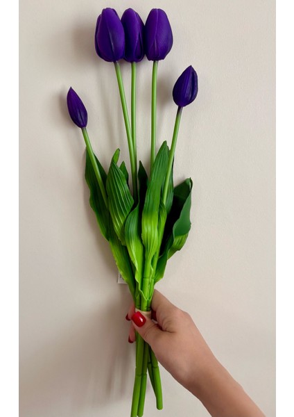 Yapay Çiçek Islak Lale Islak Dokulu Kaliteli 45 cm . 5 Dallı. ( 3 Çiçek 2 Tomurcuk)
