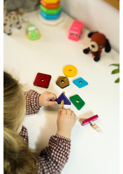 7 Parça Renkli Eğitici Oyuncak - Montessori- Ahşap Oyuncak - Eğitici Oyuncak - ip Geçirme Oyunu