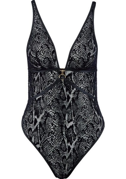 Boîte À Désir Body Şeffaf Python Desenli Tüller ve Gold Detaylı Sırt Bandı Tasarımı