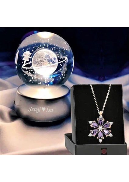 Kişiye Özel LED Işıklı Satürn Kız Dolunay Lamba Lotus Kamelya Çiçeği Kolye
