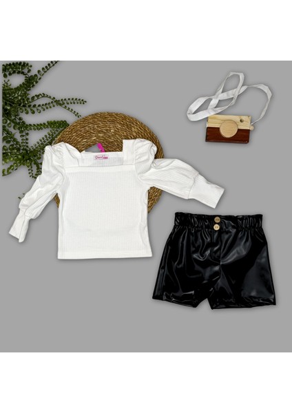 Kız Çocuk Deri Şortlu Bluzlu Ikili Takım