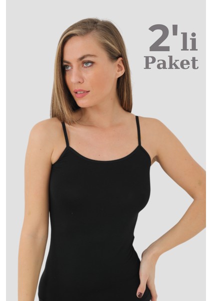 Kadın 2'li Paket Siyah Bambu Ip Askılı Atlet
