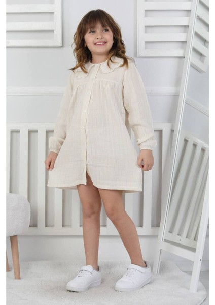 Bayramlık Bebe Yakalı Gümüş Çizgili Müslin Kumaş Kız Elbisesi