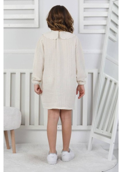 Bayramlık Bebe Yakalı Gümüş Çizgili Müslin Kumaş Kız Elbisesi fiyatları