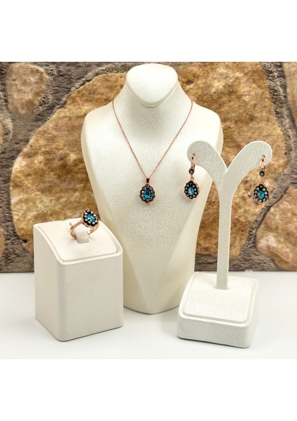 Elmas Montür Rosegold Aquamarin Gümüş Set Takım