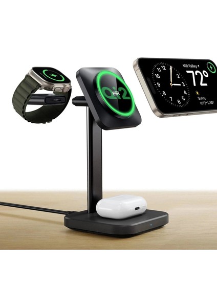 Halolock Qi2 3 In 1 Iphone + Airpods + Apple Watch Magsafe Şarj Standı Siyah ( Apple Mfm Lisans ) + ( 20W Şarj Adaptör ile Gelir )