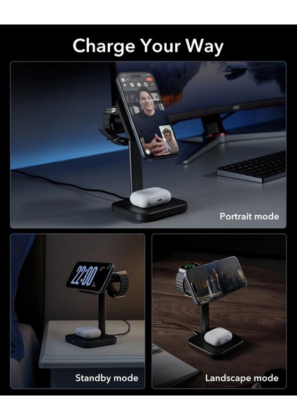 Halolock Qi2 3 In 1 Iphone + Airpods + Apple Watch Magsafe Şarj Standı Siyah ( Apple Mfm Lisans ) + ( 20W Şarj Adaptör ile Gelir )