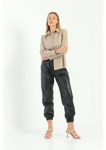 Düğme Detaylı Kadın Deri Gömlek - Bej fiyatları