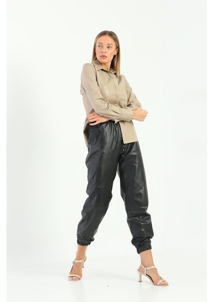 Düğme Detaylı Kadın Deri Gömlek - Bej modelleri