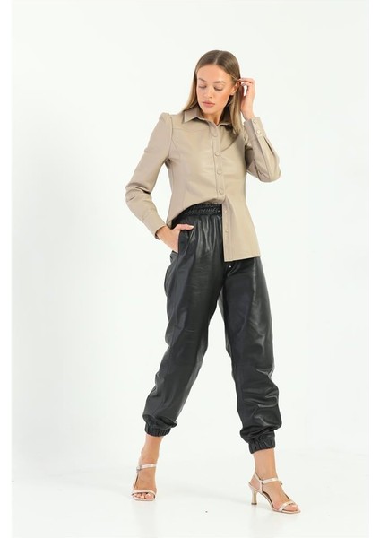 Düğme Detaylı Kadın Deri Gömlek - Bej fırsatları