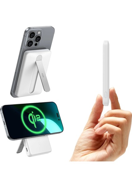 5000 Mah Taşınabilir Şarj Cihazı Halolock Qi2 Magsafe Standlı Powerbank - Beyaz
