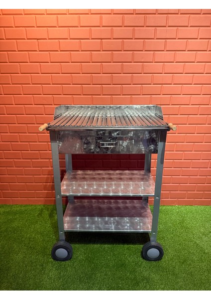 70X40 Tekerlekli Çift Raflı Xl 2mm Oluklu Izgaralı Krom Mangal