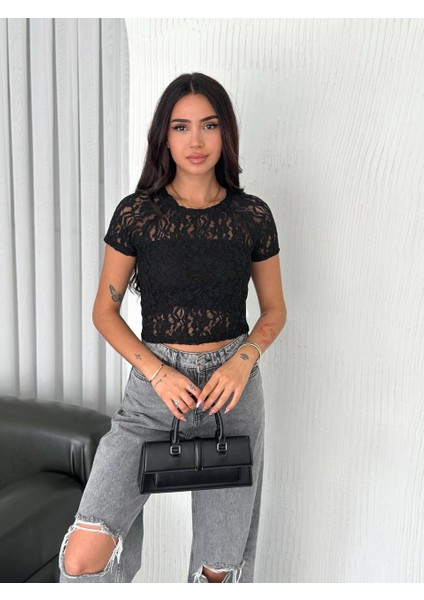 Dantel Kısa Kollu Bisiklet Yaka Crop Bluz fiyatları