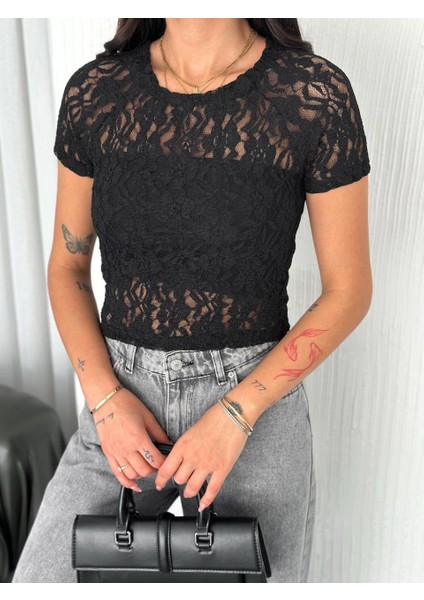 Dantel Kısa Kollu Bisiklet Yaka Crop Bluz modelleri