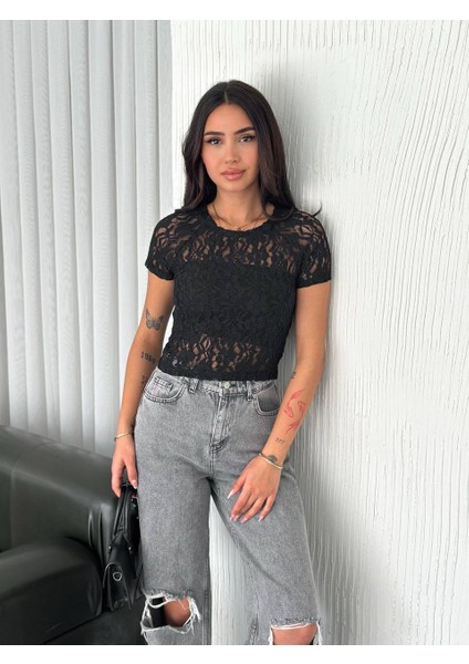 Dantel Kısa Kollu Bisiklet Yaka Crop Bluz fırsatları