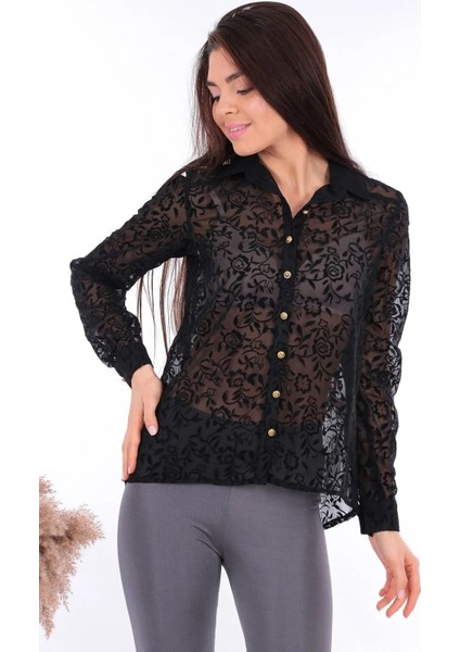 Kadın Siyah Transparan Dantel Detaylı Altın Düğmeli Uzun Kollu Gömlek – Şık ve Zarif Kombinler Için fırsatları
