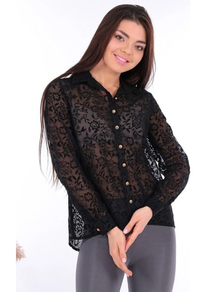 Kadın Siyah Transparan Dantel Detaylı Altın Düğmeli Uzun Kollu Gömlek – Şık ve Zarif Kombinler Için indirimleri