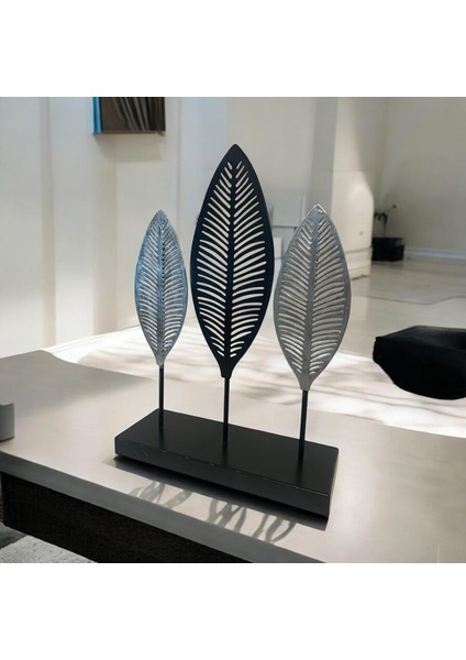 Dekoratif Metal Yaprak Temalı Masaüstü Obje Siyah Gümüş Renk